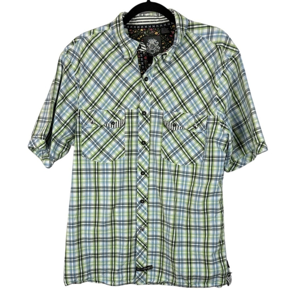 English Laundry Cotton Green Blue Plaid Button Down Chest Pockets Large Shirt